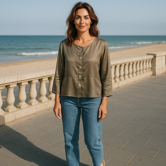 Carol Turner Collection Seafoam Green Crop Long Sleeve Acetate Top Shirt Small - Picture 1 of 6